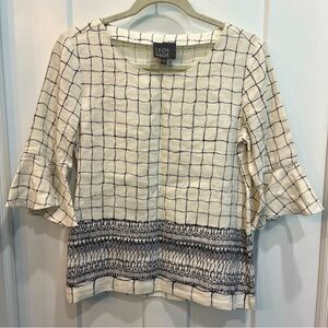 Leo & Sage Printed Silk & Linen 3/4 Length Sleeve Blouse Black & White Size S